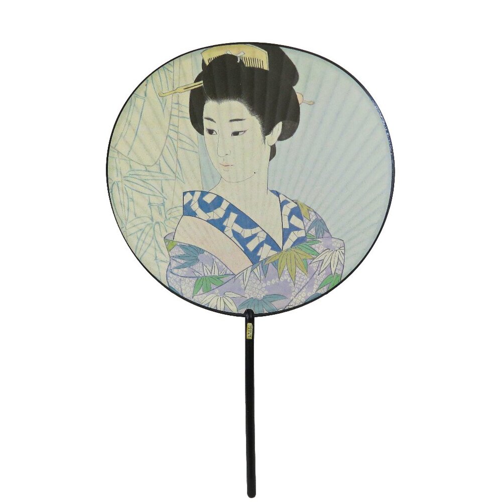 Vintage JAPANESE GEISHA Paper Fan Wood Handle - Total Length 15"